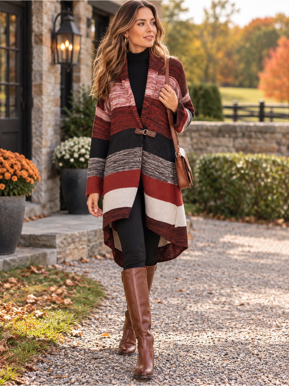 ONE A Coastal Cowgirl Western Black and Brown Striped Duster Cardigan Swacket, M